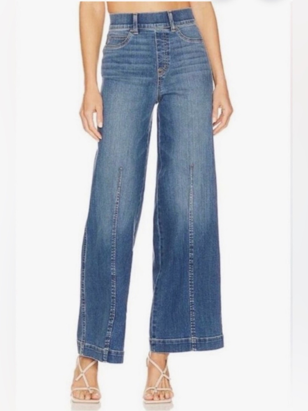 Spanx womens large seamed front wide leg jeans 20407R vintage indigo pull on